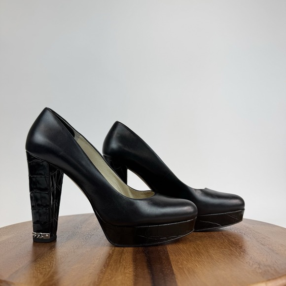 Womens Michael Kors Jet Set 6 Sabrina Black Leather Block Heels Pumps Size 8 M - Picture 1 of 8